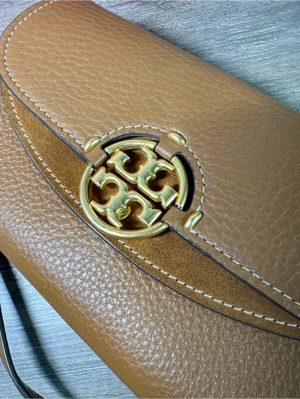 Tory Burch Miller Flap Chestnut Brown Leather Clutch Crossbody Gold Logo $300